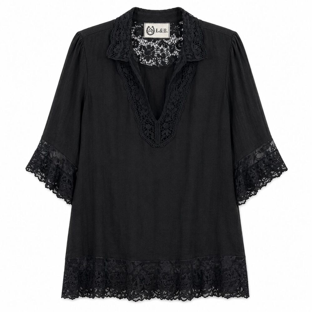 L&B Black Boho Tunic Top Women 2X Lace Trim Cottagecore Romantic Oversized
